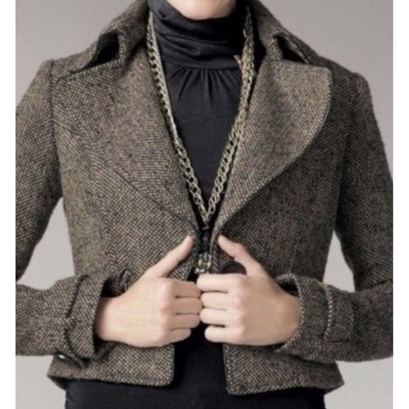 CAbi Jacket Tweed Moto  Cropped coat Button Blazer Size 8 Style 638 Black/Brown - Picture 15 of 15